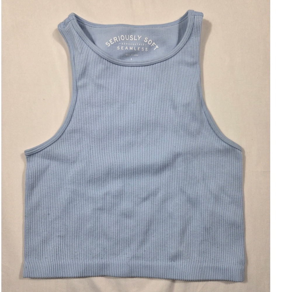 Aeropostale Seriously Soft Seamless Ribbed Crop Tank Top Blue Small